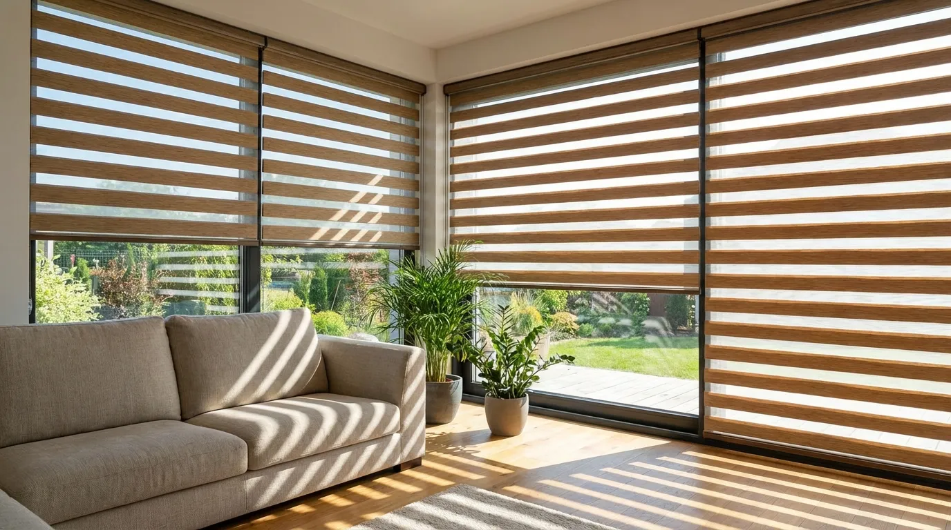 Persianas Sheer Elegance con acabado tipo madera instaladas en ventanales de sala por especialistas en CDMX, ideales para un ambiente cálido y moderno.